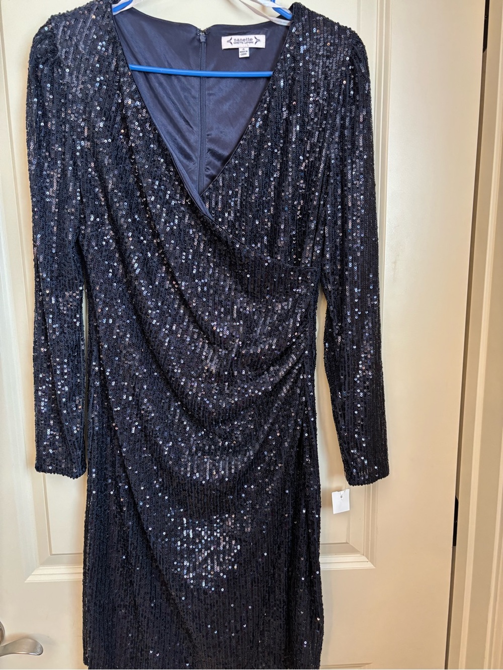 Nanette Lepore Navy Sequin Long Sleeve Wrap-Style Dress Sizes 2 &4